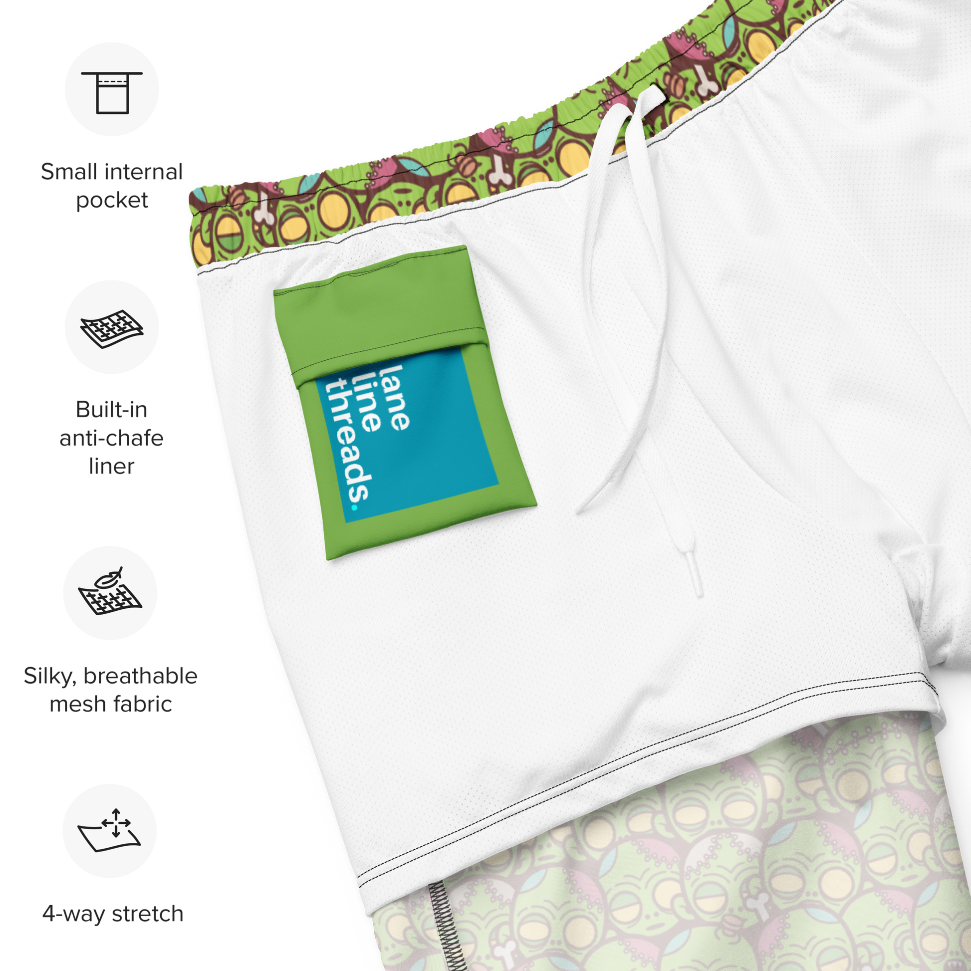 Inner side of a recycled swim trunks with a green pocket and colorful trim, featuring Lane Line Threads brand and icons about product features.