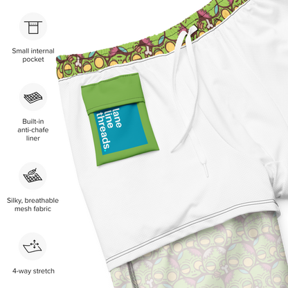 Inner side of a recycled swim trunks with a green pocket and colorful trim, featuring Lane Line Threads brand and icons about product features.