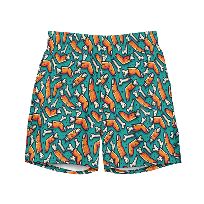 Recycled Halloween swim trunks with a pattern of zombie fingers and bones on a teal background