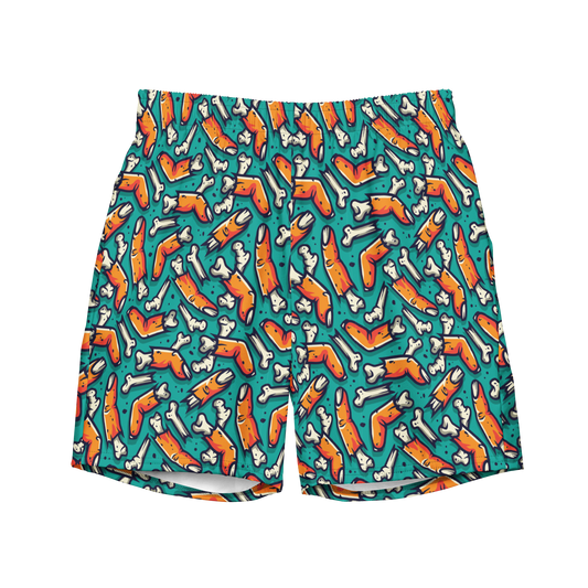 Recycled Halloween swim trunks with a pattern of zombie fingers and bones on a teal background