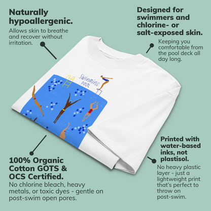 A white short-sleeve crewneck organic oversized t-shirt by Lane Line Threads featuring a colorful graphic print of a swimming pool with various stylized swimmers and divers shown on a light teal background with callout text explaining product benefits and materials.