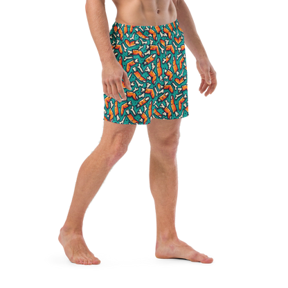 Person wearing colorful Halloween themed organic swim trunks with a zombie fingers pattern on a transparent background