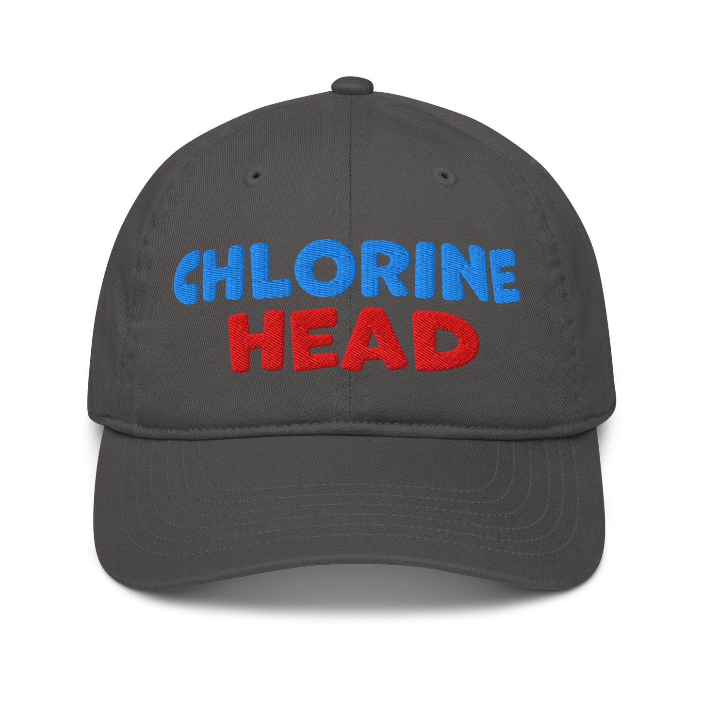 Charcoal organic cotton baseball cap with "CHLORINE HEAD" embroidered in blue and red text.