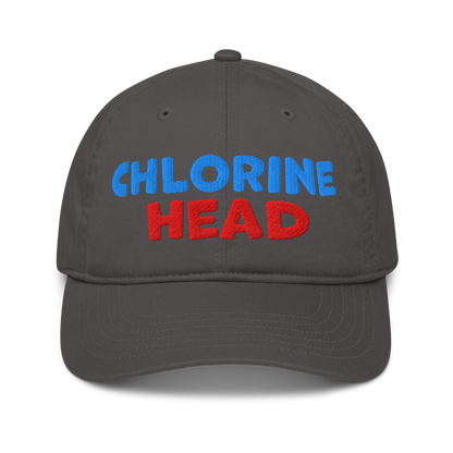 Charcoal organic cotton baseball cap with "CHLORINE HEAD" embroidered in blue and red text.