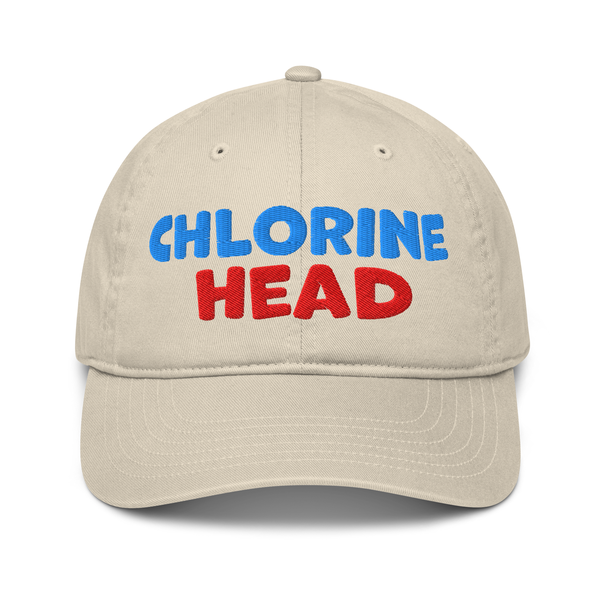 Beige organic cotton baseball cap with "CHLORINE HEAD" embroidered in blue and red text.