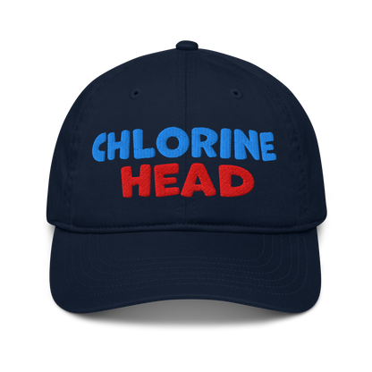 Navy blue organic cotton baseball cap with "CHLORINE HEAD" embroidered in blue and red text.