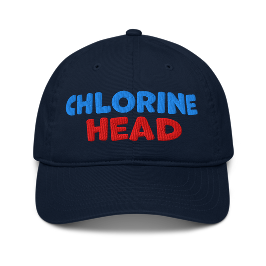 Navy blue organic cotton baseball cap with "CHLORINE HEAD" embroidered in blue and red text.