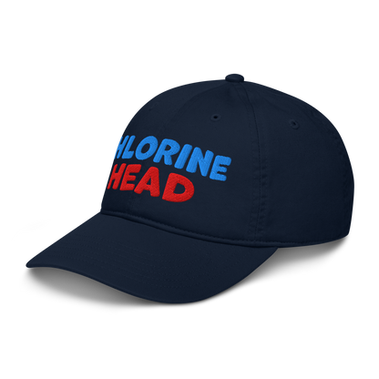 Side view of black organic baseball cap angled left, showing structured brim and breathable 100% organic cotton fabric. Eco-friendly headwear for swimmers.