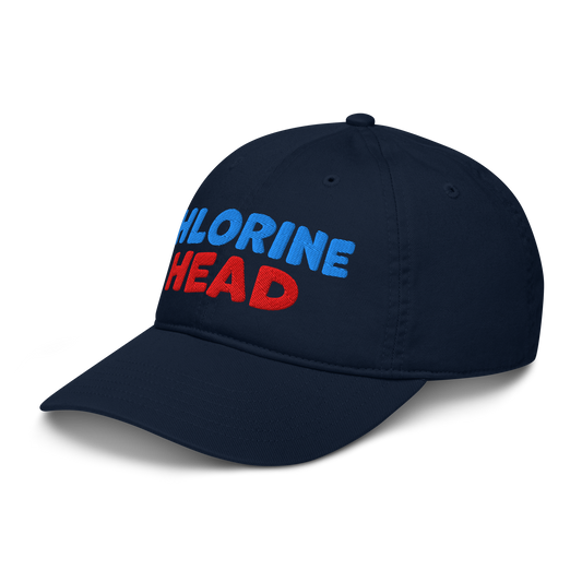 Side view of black organic baseball cap angled left, showing structured brim and breathable 100% organic cotton fabric. Eco-friendly headwear for swimmers.