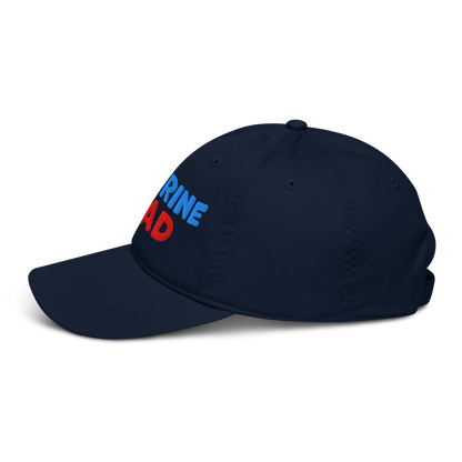 Navy blue cap with colorful text on a white background
