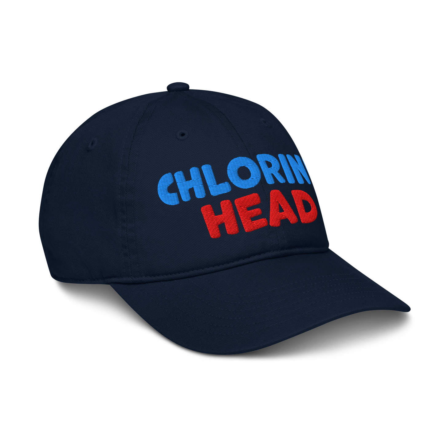 Side view of black organic baseball cap angled right, showing structured brim and breathable 100% organic cotton fabric. Eco-friendly headwear for swimmers.