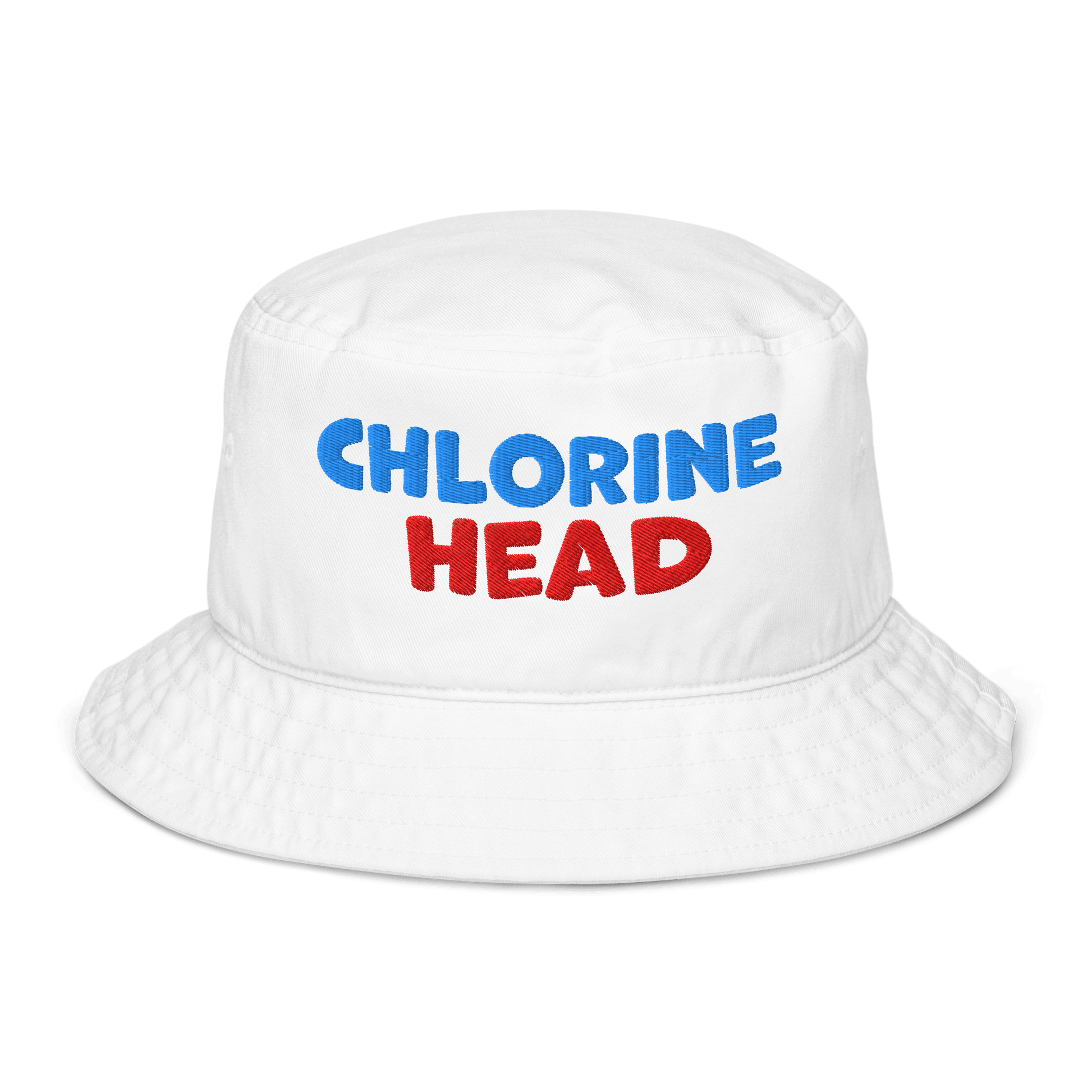 White organic bucket hat with bold red and blue “Chlorine Head” embroidery. Eco-friendly, breathable, biodegradable headwear for swimmers.