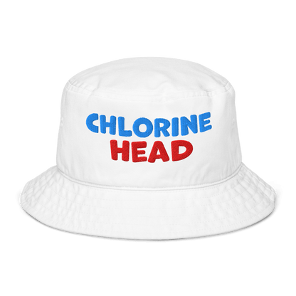 White organic bucket hat with bold red and blue “Chlorine Head” embroidery. Eco-friendly, breathable, biodegradable headwear for swimmers.