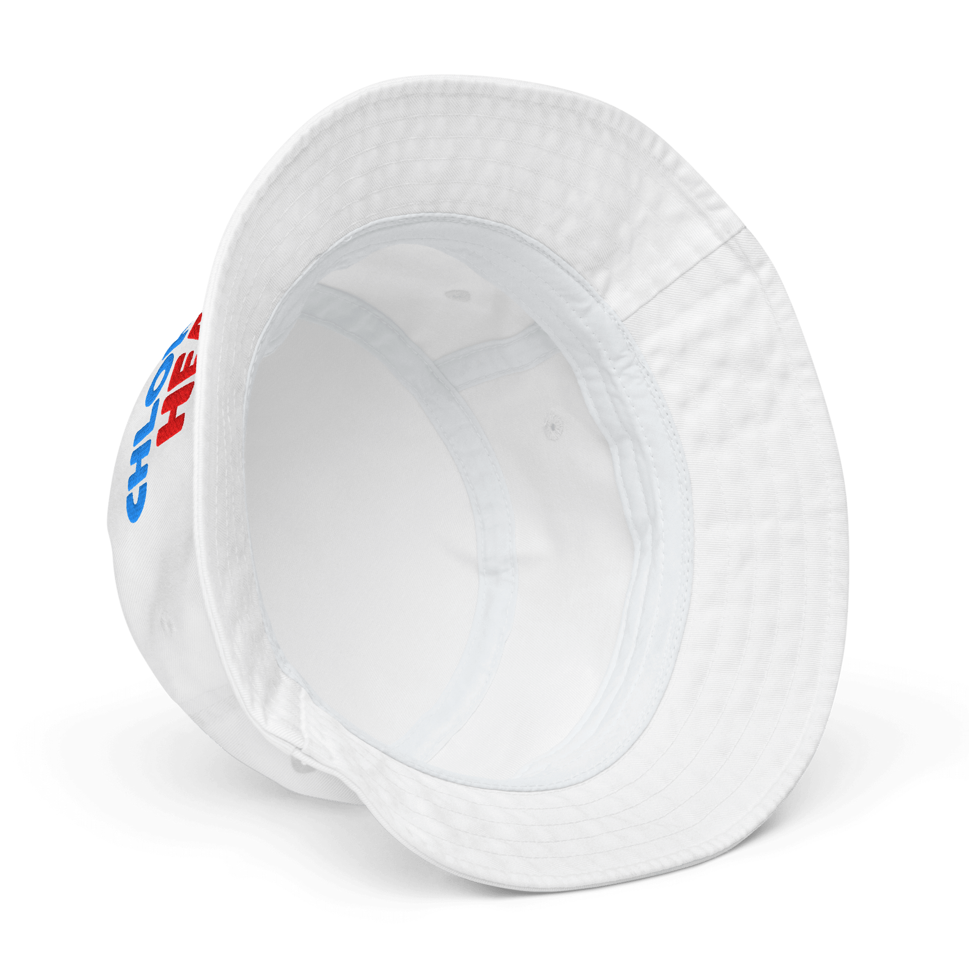 White bucket hat with a logo on a white background