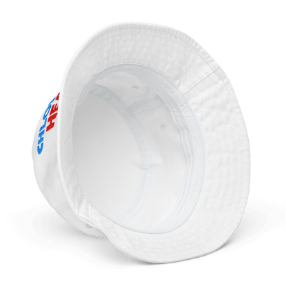 White bucket hat with a logo on a white background