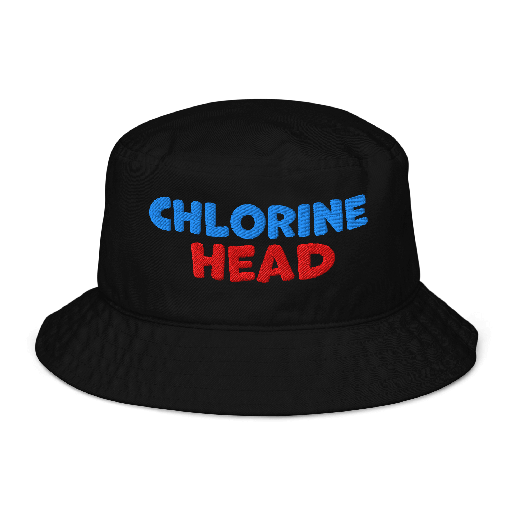 Black organic bucket hat with bold red and blue “Chlorine Head” embroidery. Eco-friendly, breathable, biodegradable headwear for swimmers.