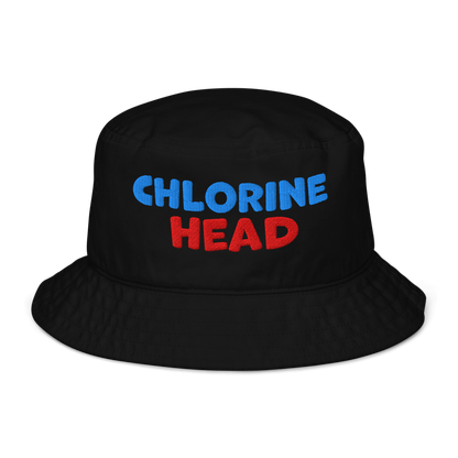 Black organic bucket hat with bold red and blue “Chlorine Head” embroidery. Eco-friendly, breathable, biodegradable headwear for swimmers.