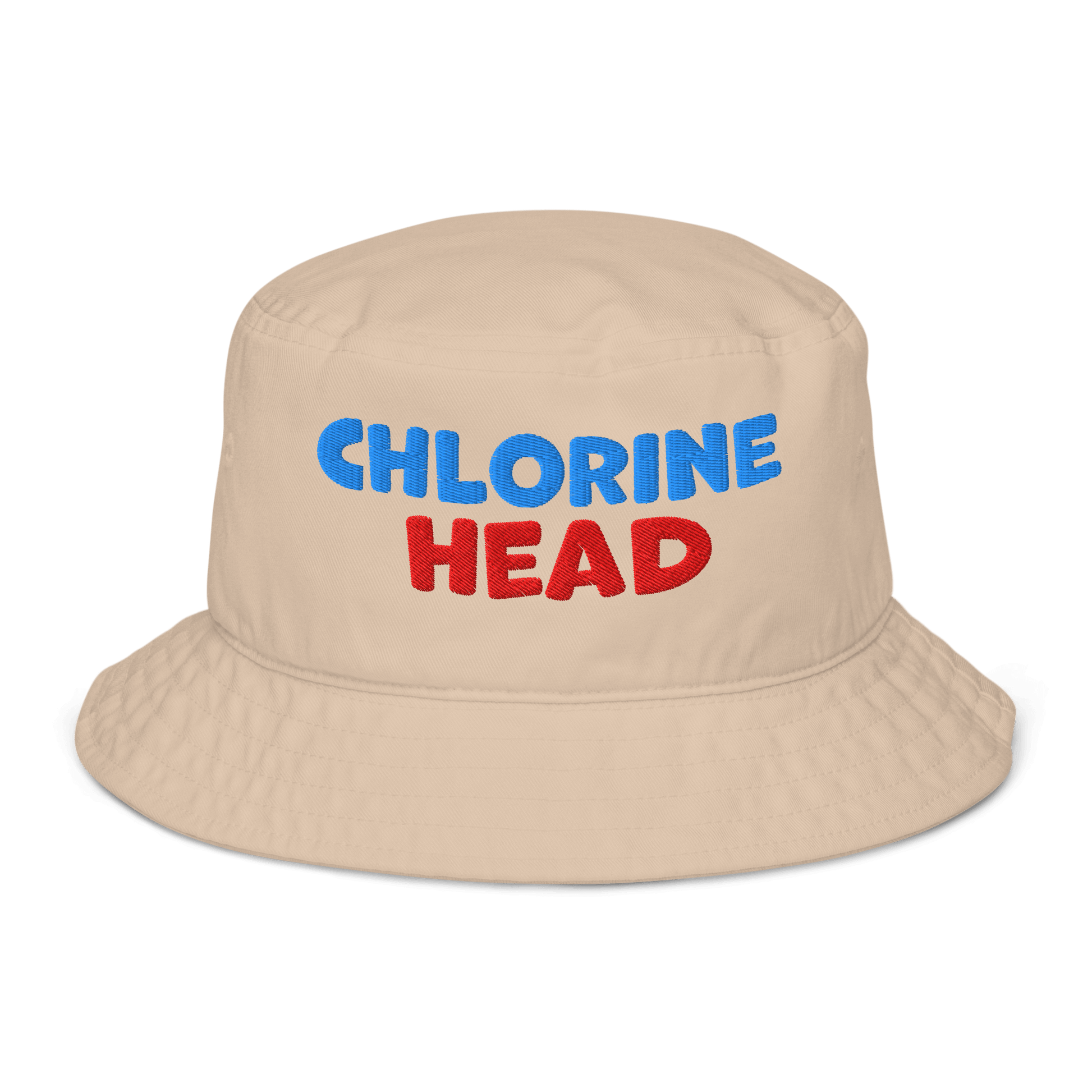 Beige organic bucket hat with bold red and blue “Chlorine Head” embroidery. Eco-friendly, breathable, biodegradable headwear for swimmers.