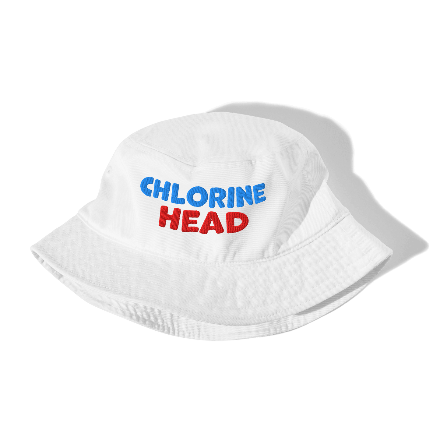 White bucket hat with 'CHLORINE HEAD' text in blue and red on a white background