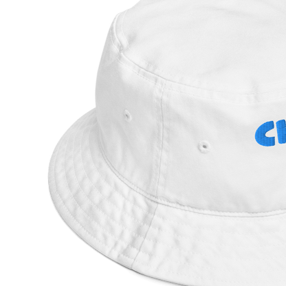 White bucket hat with a blue logo on a white background