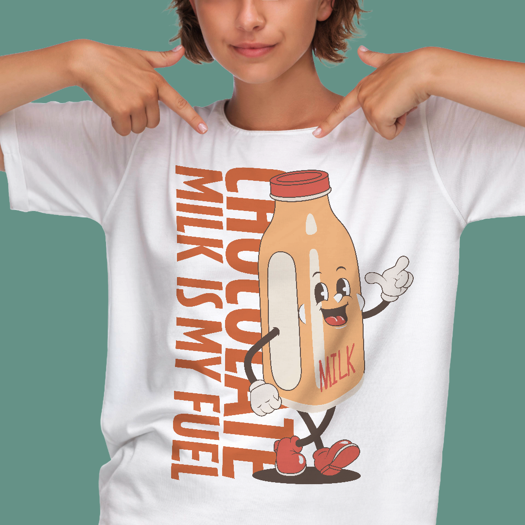 Person wearing a white organic swim shirt with a cartoon milk bottle character and text on a green background