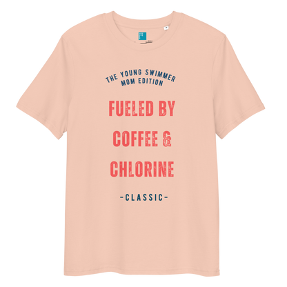 Fraiche peche organic cotton swim mom t-shirt with red and navy text: “Fueled by Coffee & Chlorine – The Young Swimmer Mom Edition – Classic.”