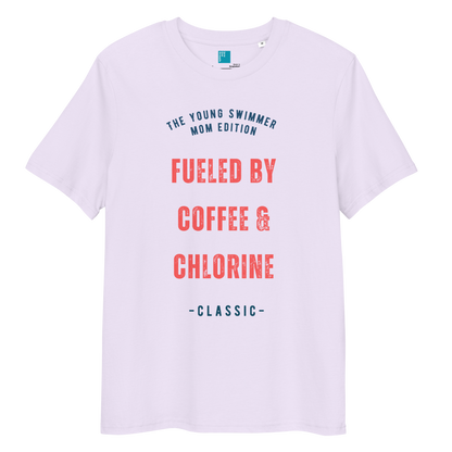 Lavender organic cotton swim mom t-shirt with red and navy text: “Fueled by Coffee & Chlorine – The Young Swimmer Mom Edition – Classic.”