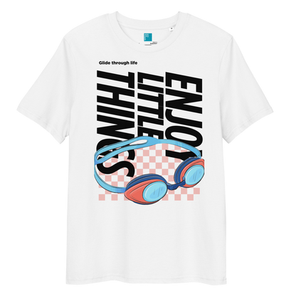 White eco-friendly t-shirt featuring vibrant blue and red swimming goggles with a checkered background, and bold black text "ENJOY THE LITTLE THINGS" rotated vertically. Above the goggles, "Glide through life" is in smaller text. Made from 100% organic cotton, this breathable and biodegradable shirt is perfect for competitive swimmers who value comfort, performance, and sustainability. Ideal gift for swim meets or lane-protecting athletes with a sense of humor.