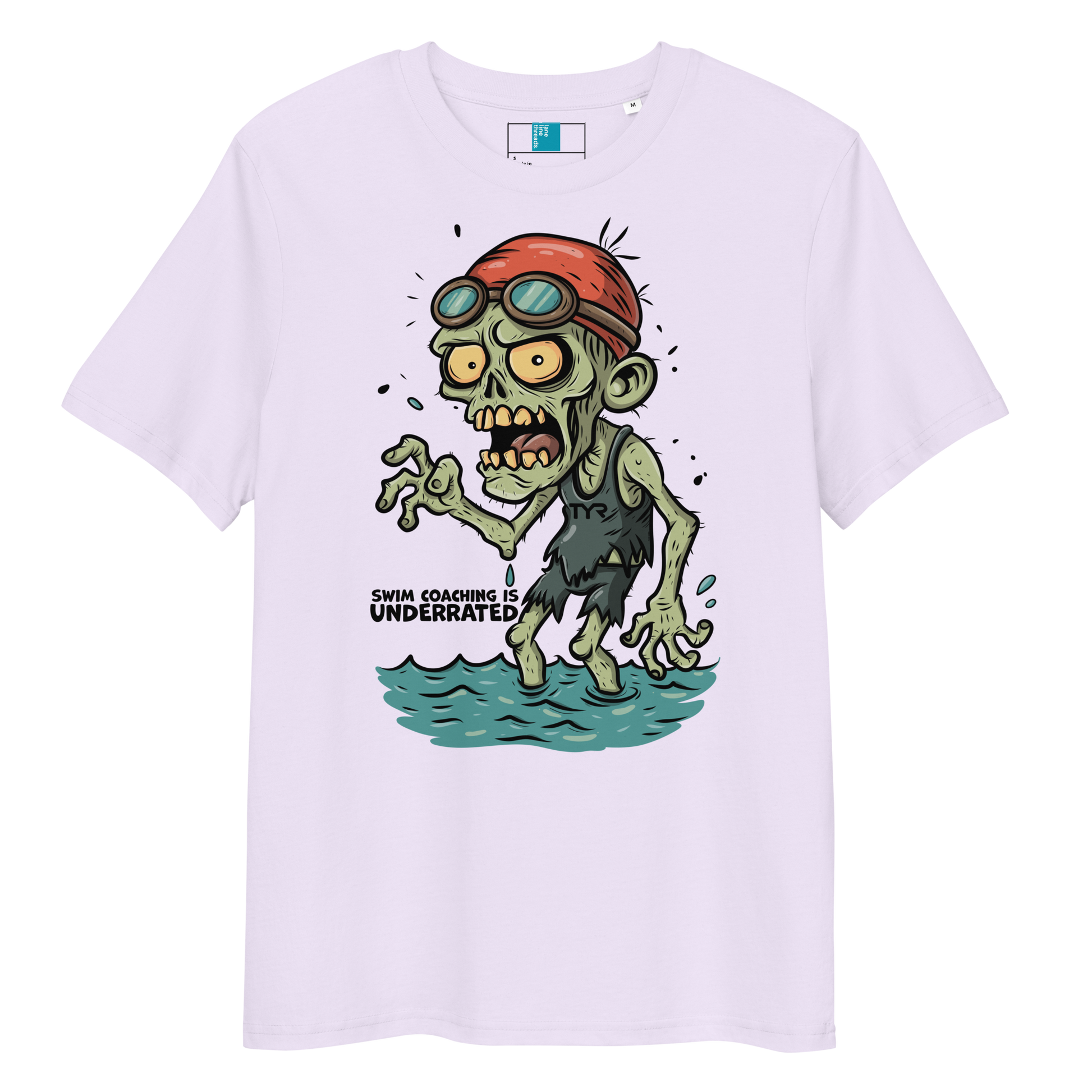 Lavender funny Halloween swimming coach shirt with cartoon zombie coach in red swimming cap and goggles, text reads ‘Swim Coaching is Underrated’