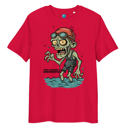 Red funny Halloween swimming coach shirt with cartoon zombie coach in red swimming cap and goggles, text reads ‘Swim Coaching is Underrated’