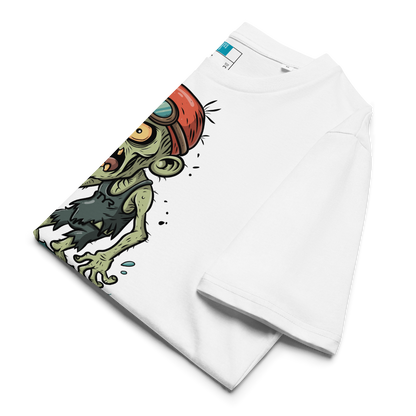 Folded white funny Halloween swimming coach shirt with cartoon zombie coach in red swimming cap and goggles, text reads ‘Swim Coaching is Underrated’