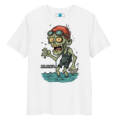 White funny Halloween swimming coach shirt with cartoon zombie coach in red swimming cap and goggles, text reads ‘Swim Coaching is Underrated’