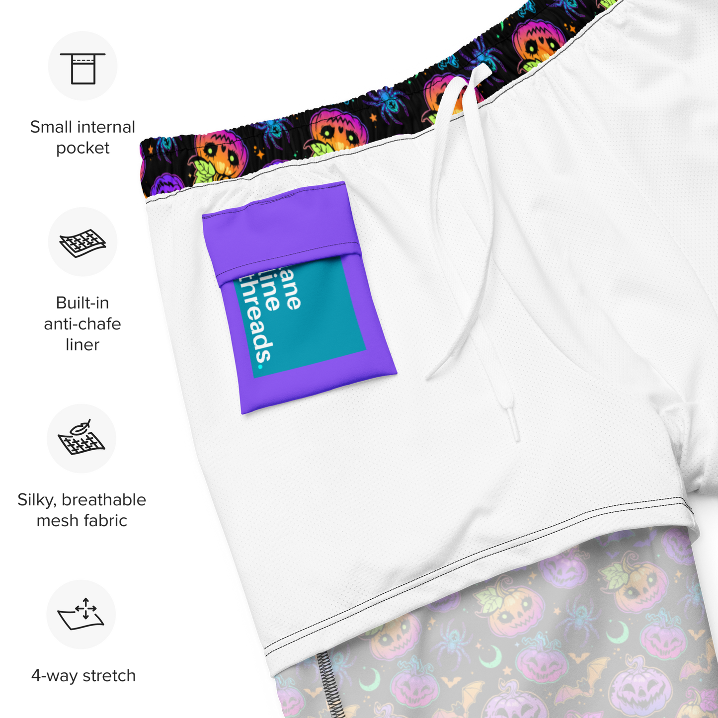 organic swim trunks with colorful Halloween design on waistband and bottom, featuring a small internal pocket and built-in anti-chafe liner.