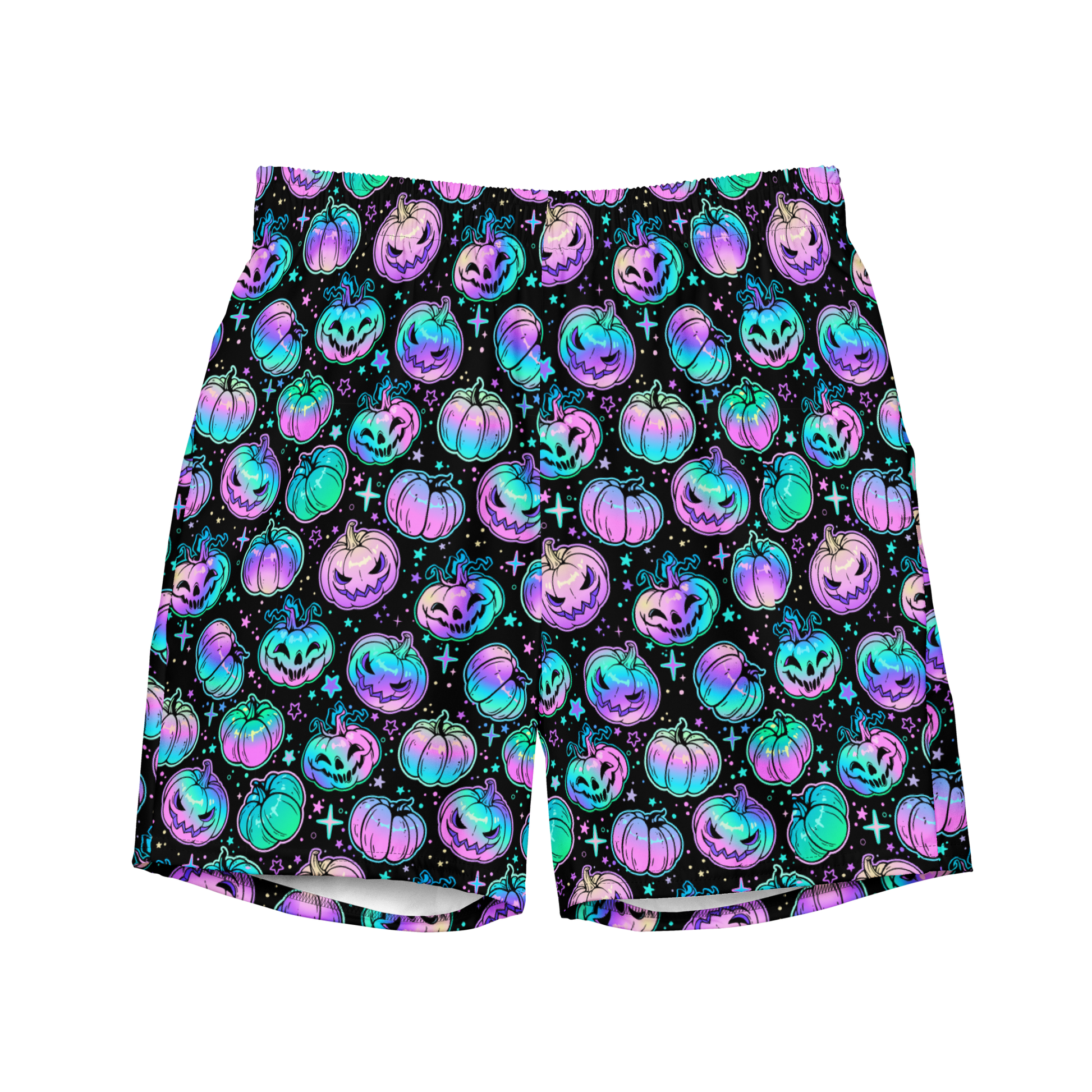 Neon pumpkin print organic swim trunks for Halloween, eco-friendly and quick-dry trunks made for swimmers and coaches with comfort and humor in mind.