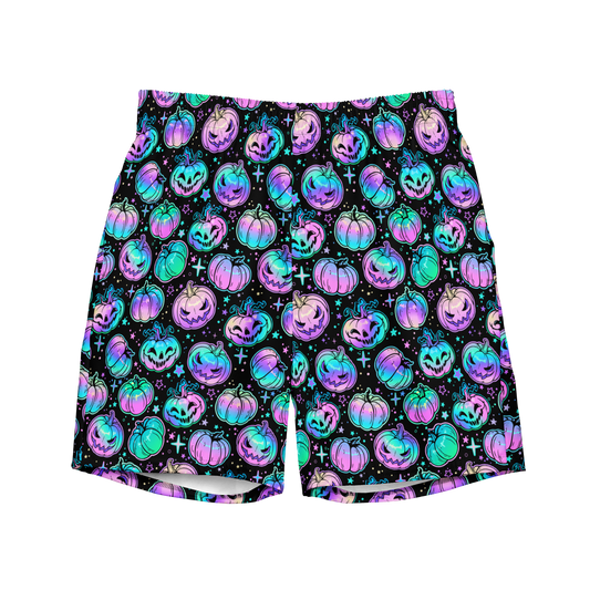 Neon pumpkin print organic swim trunks for Halloween, eco-friendly and quick-dry trunks made for swimmers and coaches with comfort and humor in mind.
