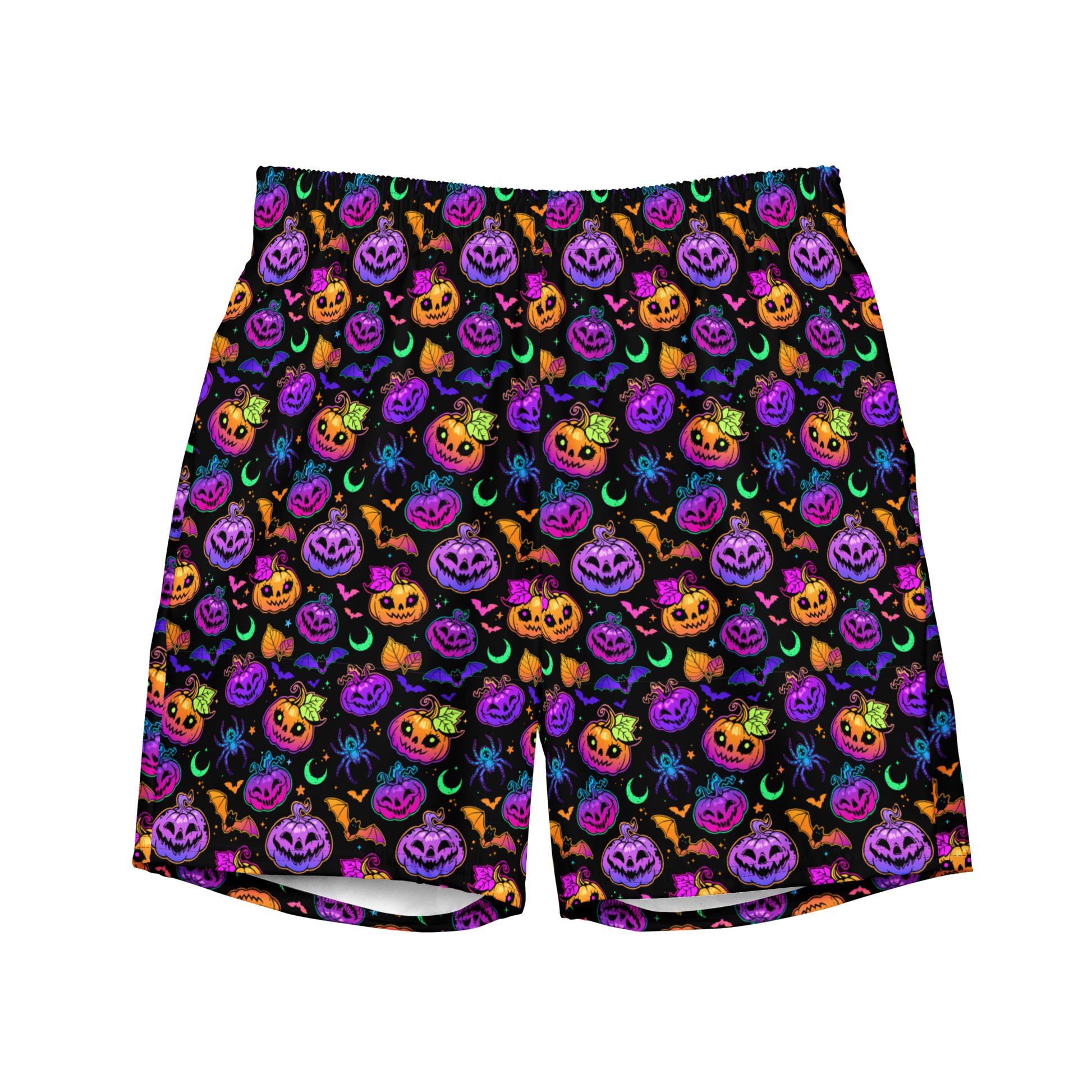 Halloween organic swim trunks with neon jack-o’-lantern, bats, and moon pattern on black background—eco-friendly, quick-drying