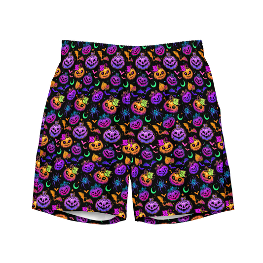 Halloween organic swim trunks with neon jack-o’-lantern, bats, and moon pattern on black background—eco-friendly, quick-drying