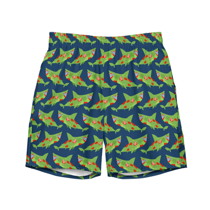 Eco-friendly Halloween swim trunks with zombie sharks pattern. Organic, comfy, and bold—perfect for swimmers and coaches with humor and ocean-loving style.