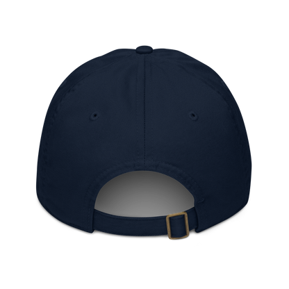 Navy blue cap with a gold buckle on a white background