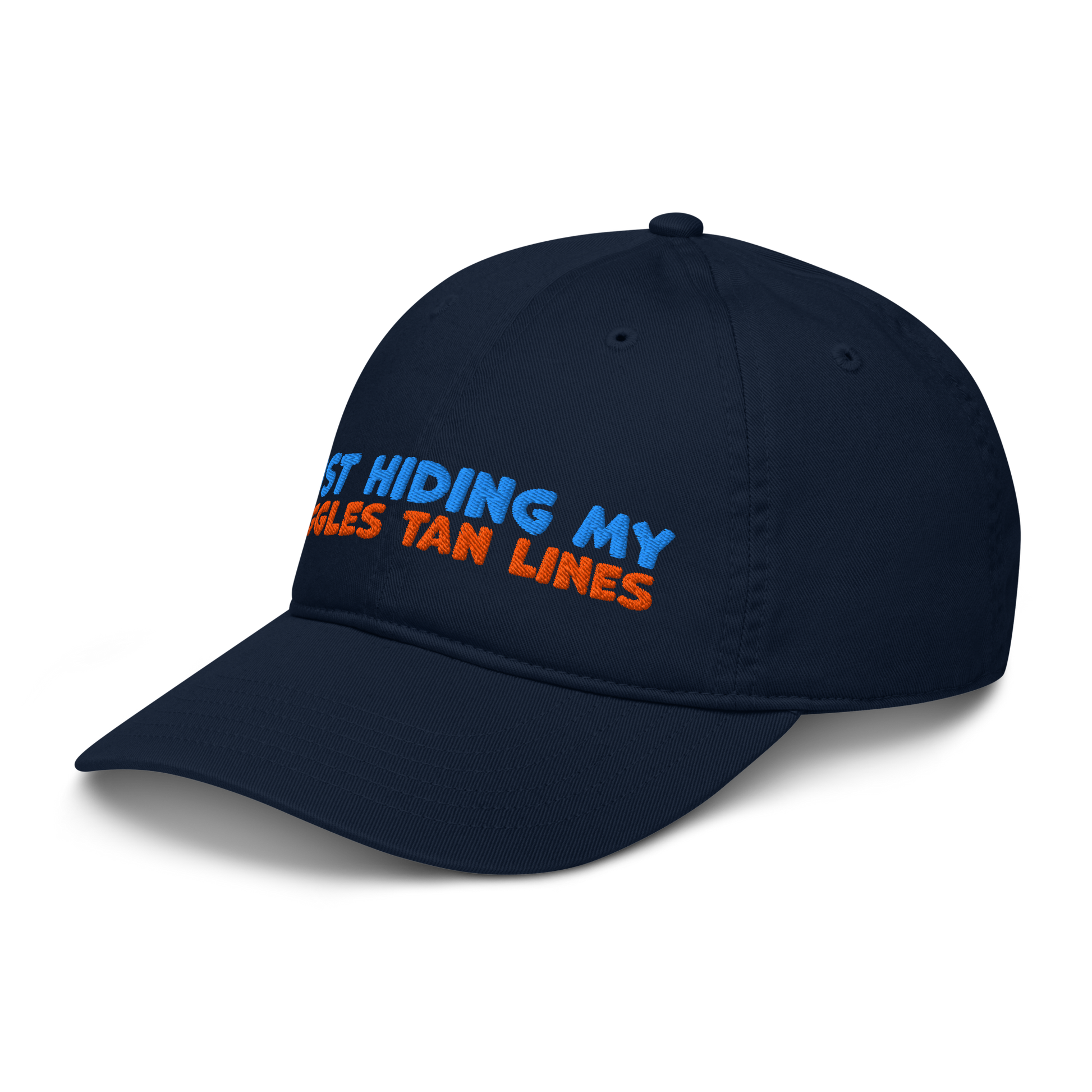 Side view of black organic baseball cap angled left, showing structured brim and breathable 100% organic cotton fabric. Eco-friendly headwear for swimmers.