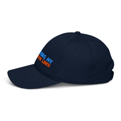 Navy blue cap with text on a white background