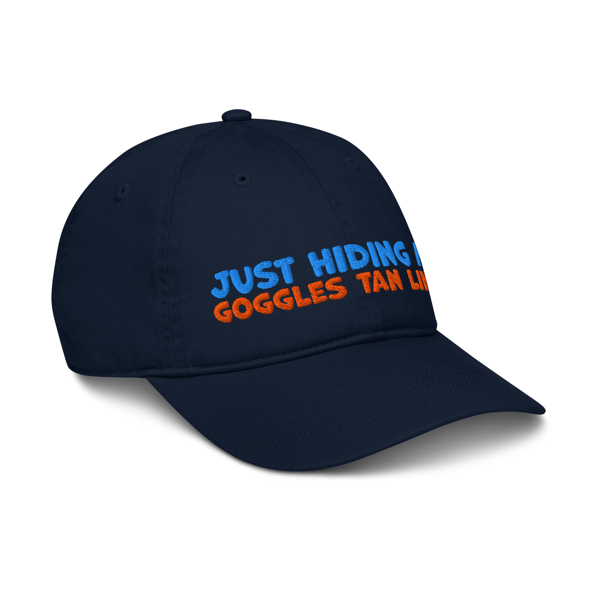 Side view of black organic baseball cap angled right, showing structured brim and breathable 100% organic cotton fabric. Eco-friendly headwear for swimmers.