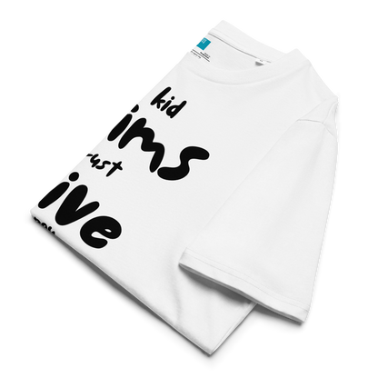 White folded organic cotton t-shirt with bold black playful text: “my kid swim, i just drive and pay for snacks,” perfect for swim moms with a sense of humor.