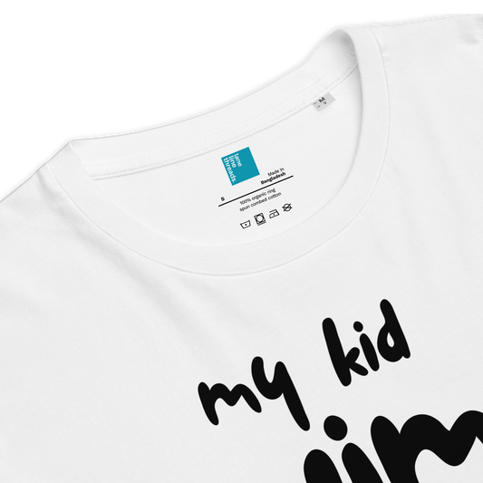 White t-shirt with black text 'my kid' on a white background