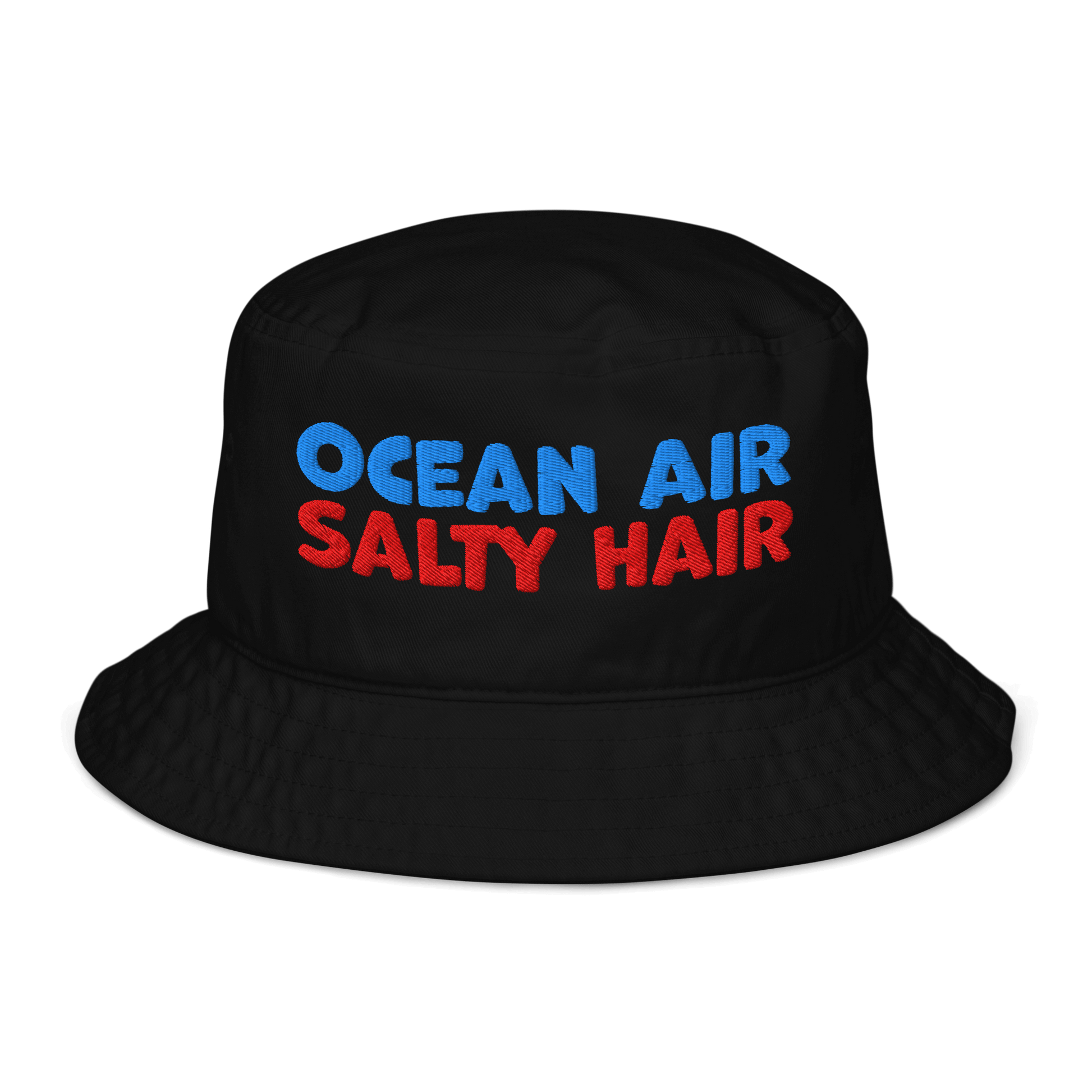 Black organic cotton bucket hat with bold embroidery that reads “Ocean Air Salty Hair” in blue and red. Eco-friendly, breathable, and biodegradable.