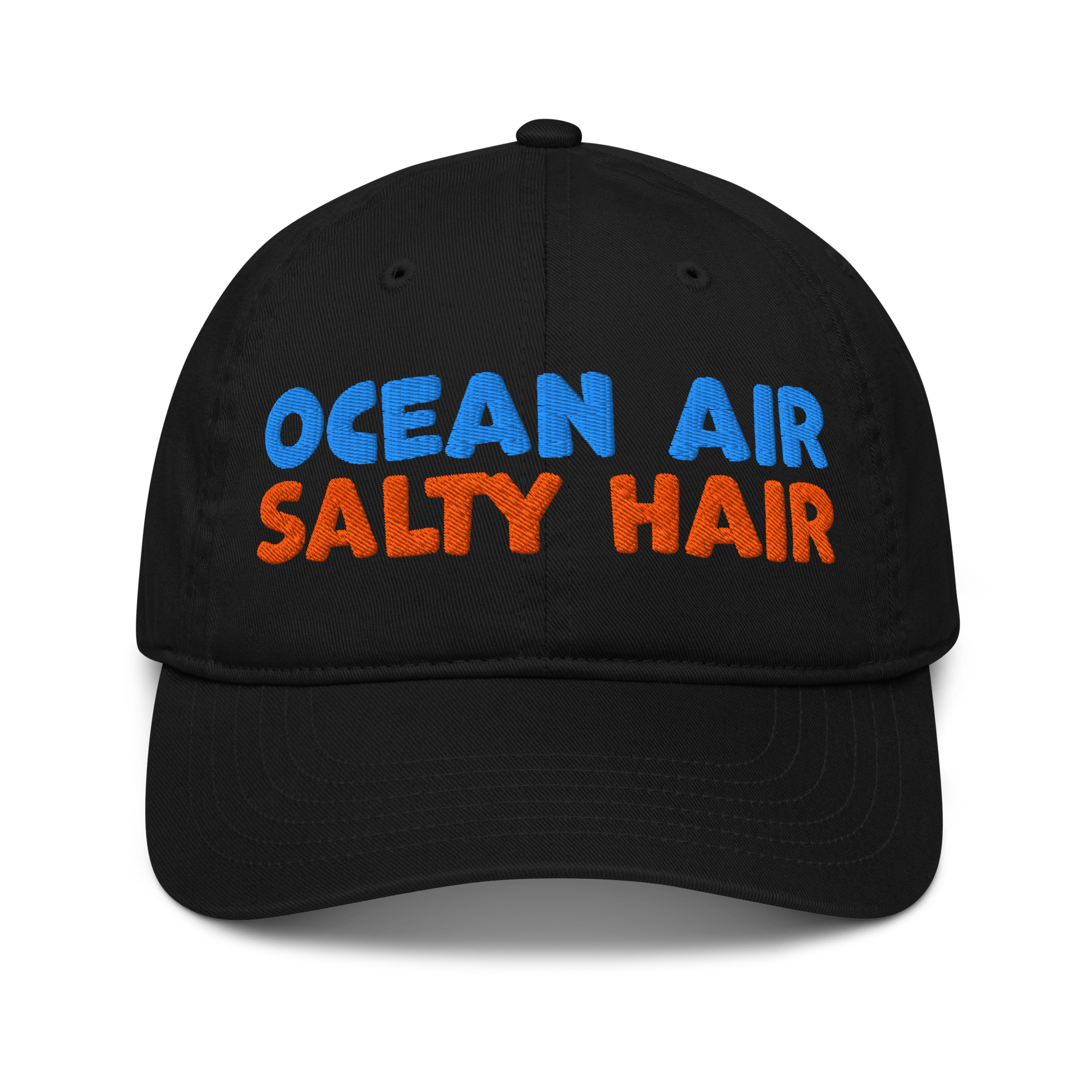 Black organic cotton baseball cap with "OCEAN AIR" in blue and "SALTY HAIR" in orange embroidered text