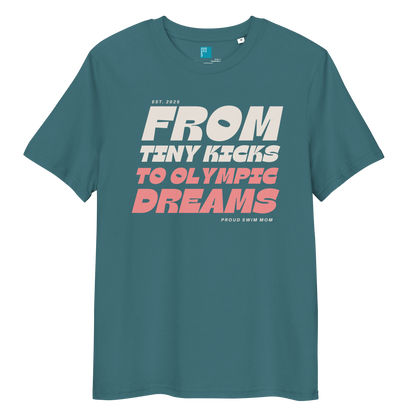 Stargazer organic cotton t-shirt for swim moms with "FROM TINY KICKS TO OLYMPIC DREAMS" and "PROUD SWIM MOM" text, displayed on a transparent background