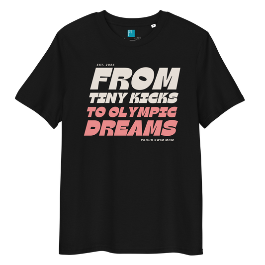 Black organic cotton t-shirt for swim moms with "FROM TINY KICKS TO OLYMPIC DREAMS" and "PROUD SWIM MOM" text, displayed on a transparent background 