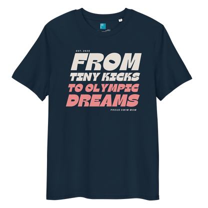 French navy organic cotton t-shirt for swim moms with "FROM TINY KICKS TO OLYMPIC DREAMS" and "PROUD SWIM MOM" text, displayed on a transparent background 