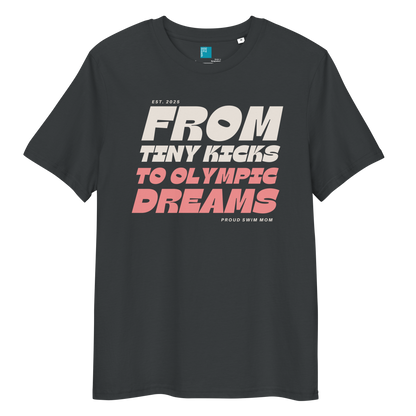 India ink grey organic cotton t-shirt for swim moms with "FROM TINY KICKS TO OLYMPIC DREAMS" and "PROUD SWIM MOM" text, displayed on a transparent background 